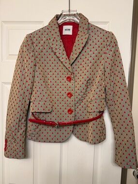 Moschino Cheap and Chic Red & Green Gray Swiss Polka Dot Belted Blazer Jacket 10